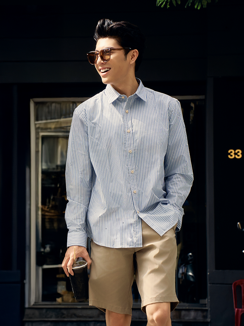 Ao So Mi Vai Modal In Hoa Tiet Soc Form Regular SM170 Soc Xanh